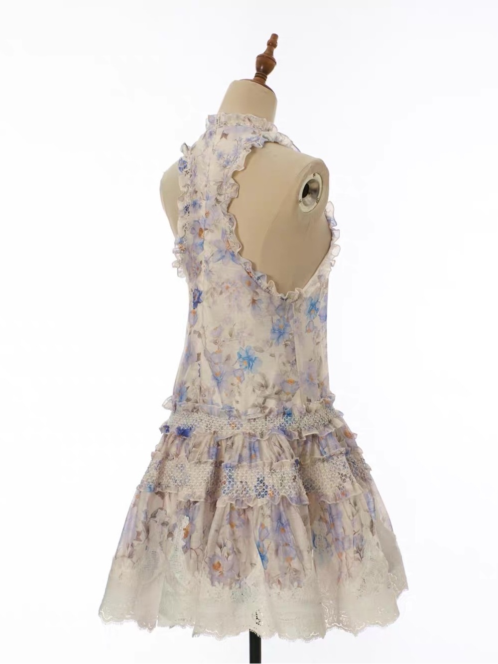 Designer-style Sleeveless Floral Ruffle Mini Dress in Ivory and Light Blue - Picture 4 of 12